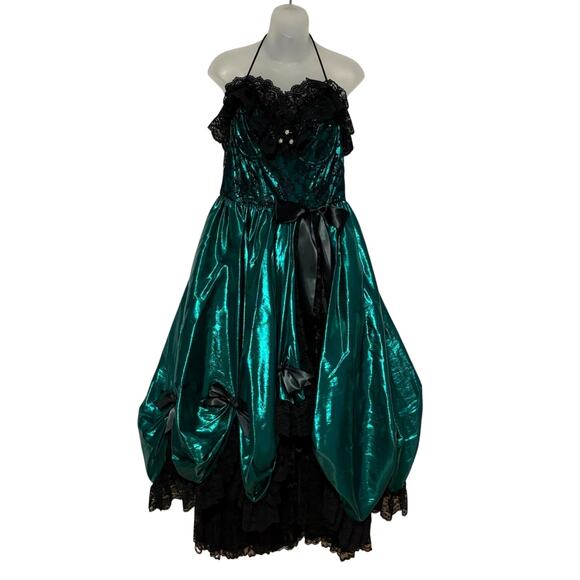 Vintage 80s LORALIE Metallic Green Lame Lace Bow Bustier Prom Ball Gown Dress 16 - Picture 1 of 10